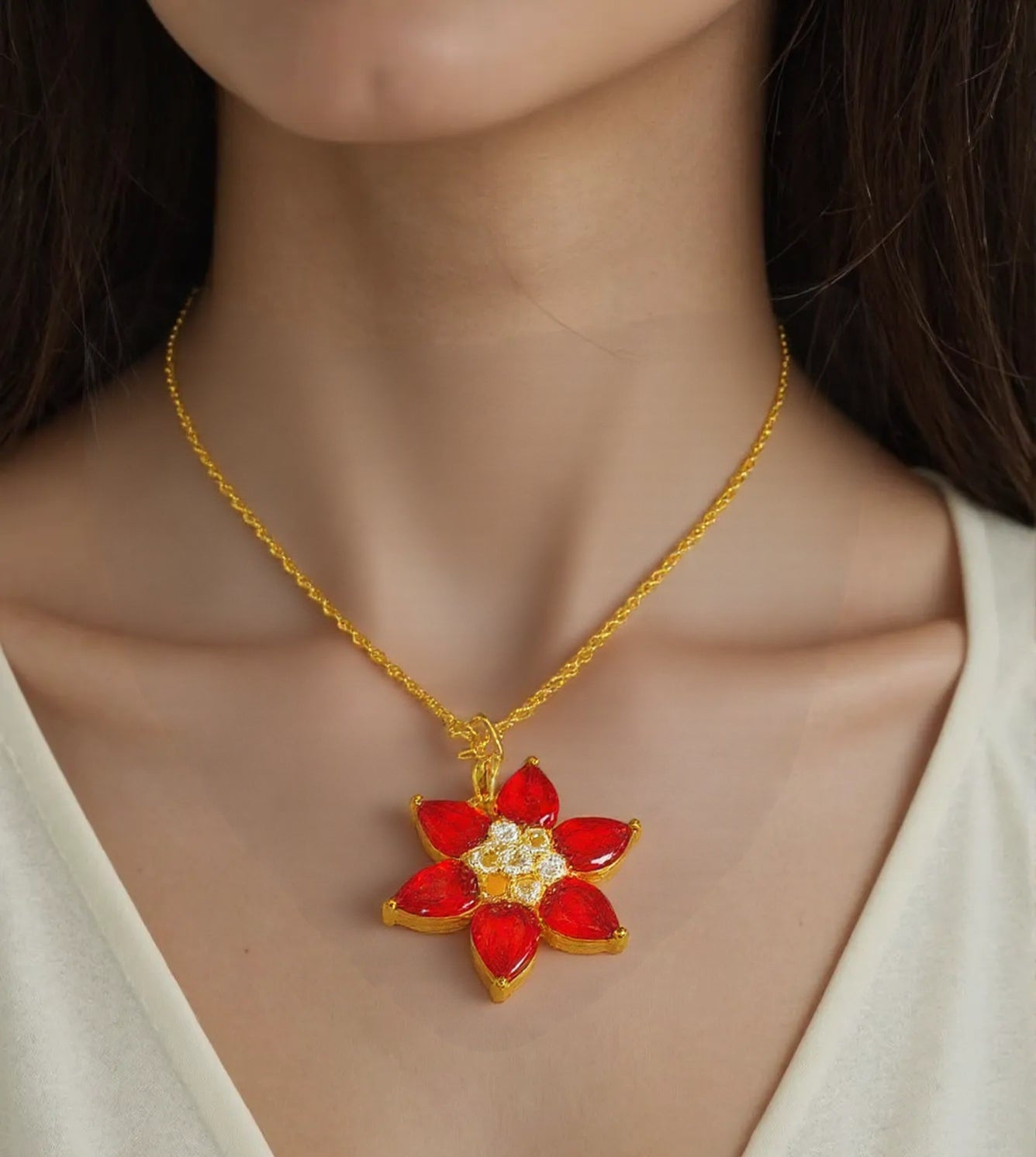 Red Flower Pendant with Elegant Premium Golden Chain – Stunning Jewelry Gift