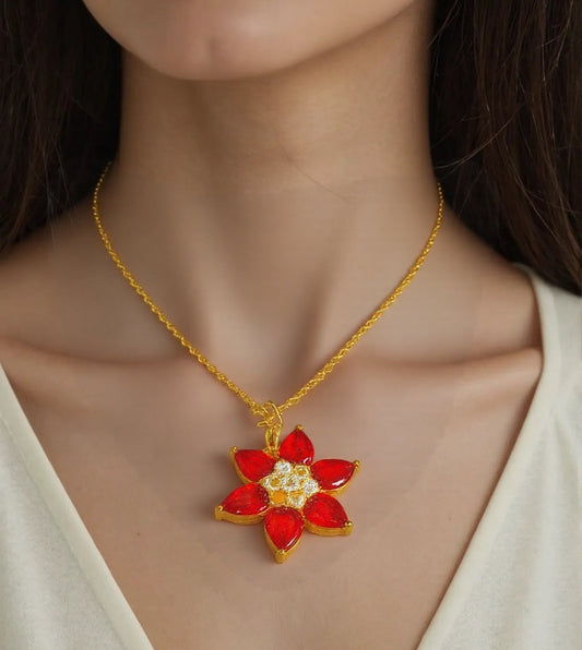 Red Flower Pendant with Elegant Premium Golden Chain – Stunning Jewelry Gift